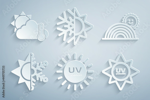 Set UV protection, Rainbow with sun, Sun and snowflake, and Thermometer cloud, icon. Vector