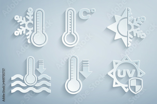 Set Meteorology thermometer, Sun and snowflake, Water, UV protection, and Thermometer with icon. Vector