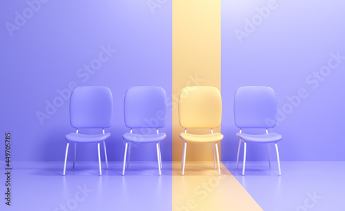 3D Yellow chair standing out from the crowd  Job vacancy  Business hiring and recruiting concept. 3d render illustration