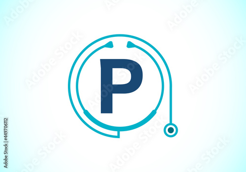 Initial P monogram alphabet with doctor stethoscope. Vector stethoscope logo or icon. Logo for medical and pharmaceutical business and company identity