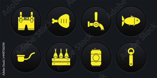 Set Smoking pipe, Fish, Pack of beer bottles, Beer can, tap, Chicken leg, Bottle opener and Lederhosen icon. Vector
