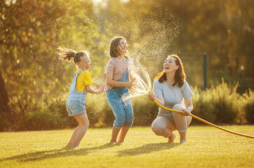 Happy family playing in backyard