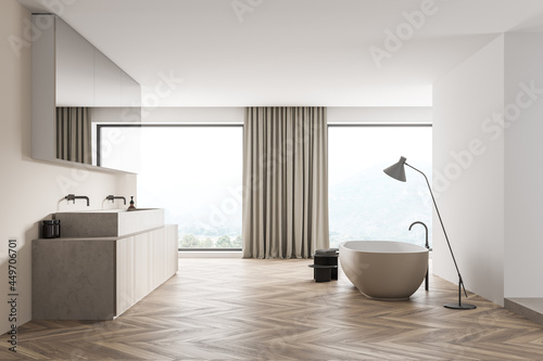 Panoramic beige and white bathroom area with mirror cabinet. Minimalist concept.
