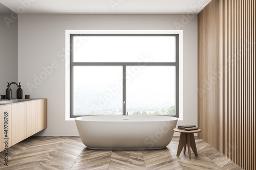 Bathroom interior with white bathtub  mirror and sink