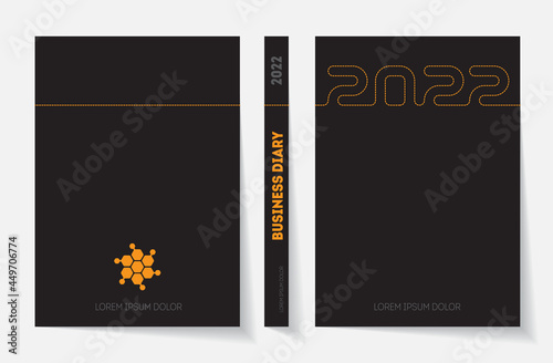 Cover of business diary for 2022 with logo. Vector design template of daily planner layout with stitching.