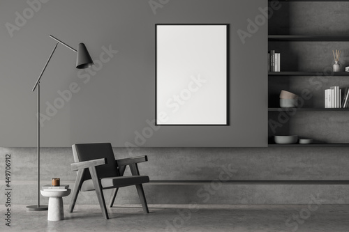 Fototapeta Naklejka Na Ścianę i Meble -  Two banners in the minimalist dark grey seating area with accent lamp
