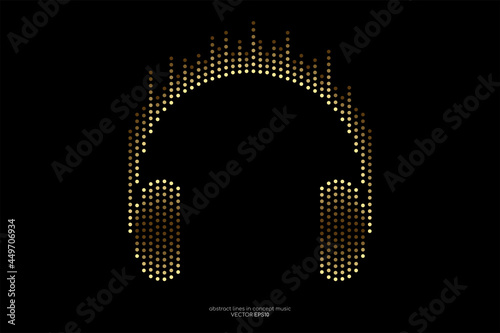Vector headphone by equalizer dot line pattern gold light color isolated on black background. In concept of music.