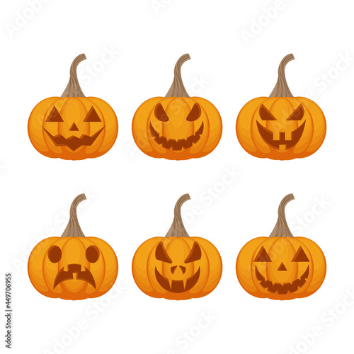 festive set with the image of Jack-o-lanterns pumpkins. Pumpkins are the symbol of the Halloween holiday in orange color with various emotions. Orange is an attribute of All Saints Day
