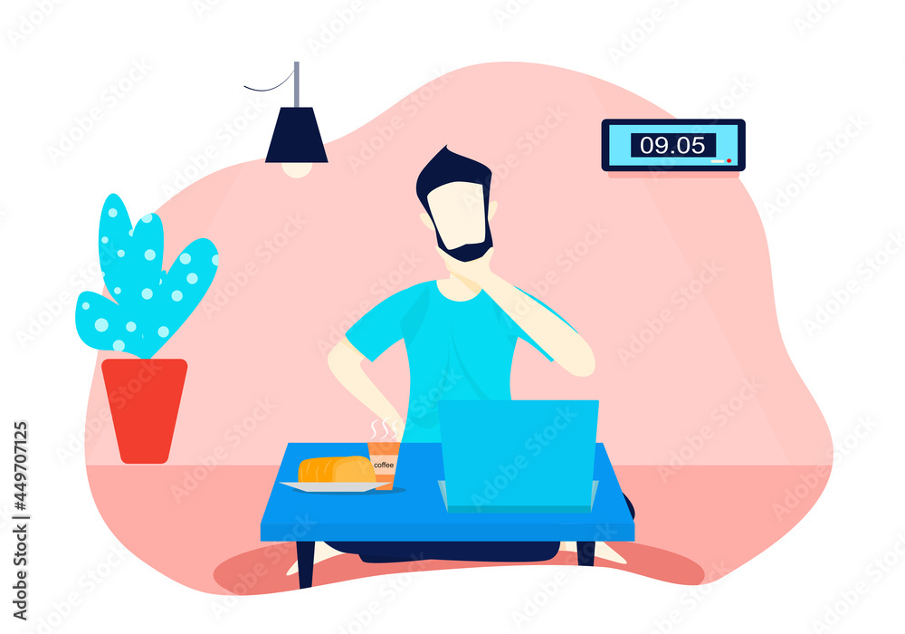 Concept stress, COVID-19, work from home. white man making a contemplative face while sitting in front of the laptop screen. Vector flat style. Illustration for working at home, quarantine, house Concept stress, COVID-19, work from home. white man making a contemplative face while sitting in front of the laptop screen. Vector flat style. Illustration for working at home, quarantine, house