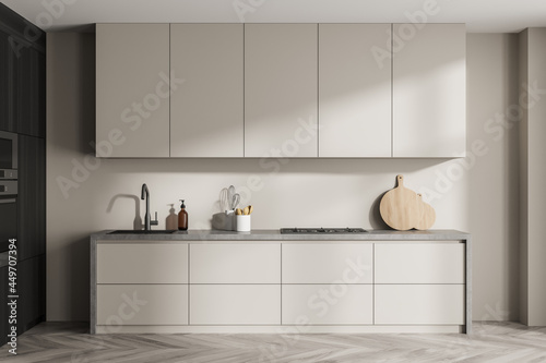 Cuadro en lienzo Closeup kitchen cabinet with grey worktop and dark wood detail