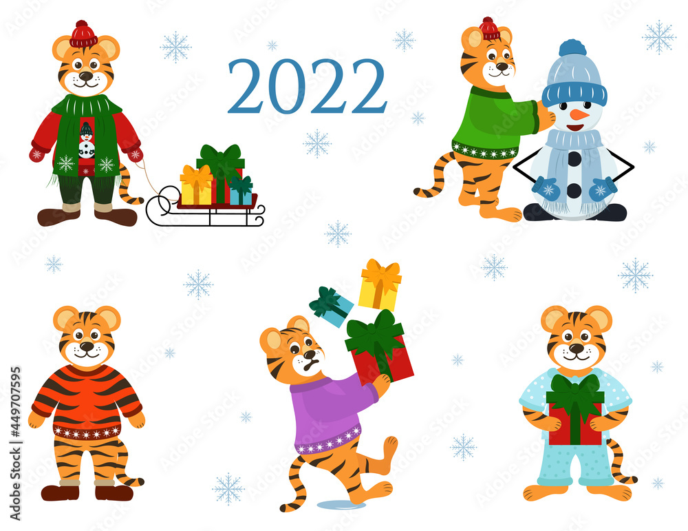 Naklejka premium Set of cute tigers, new year vector illustration. Tiger is a symbol of 2022