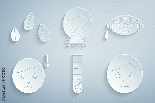 Set Test tube and flask, Reddish eye allergic conjunctivitis, High human body temperature, Runny nose, Handkerchief to his runny and Sesame seeds icon. Vector