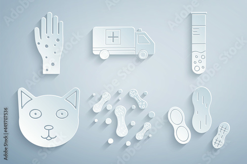 Set Bacteria, Test tube and flask, Pet, Peanut, Emergency car and Hand with psoriasis or eczema icon. Vector
