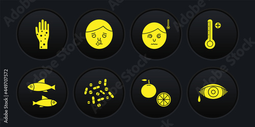 Set Fish, Medical digital thermometer, Medicine pill or tablet, Orange fruit, High human body temperature, Runny nose, Reddish eye allergic conjunctivitis and Hand with psoriasis eczema icon. Vector