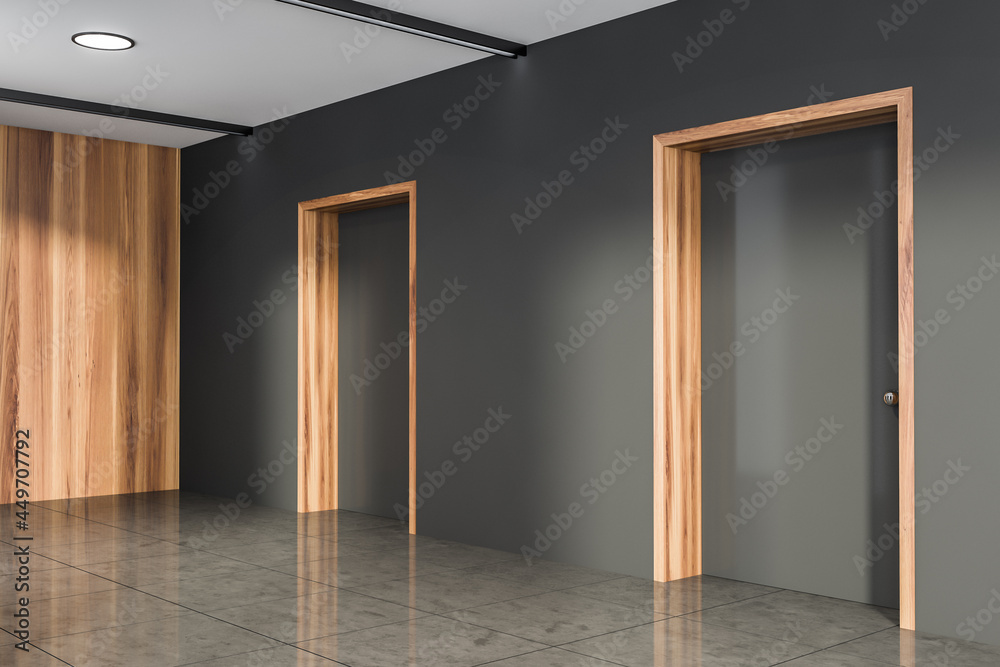 Fototapeta premium Corner view of office room interior with grey empty wall
