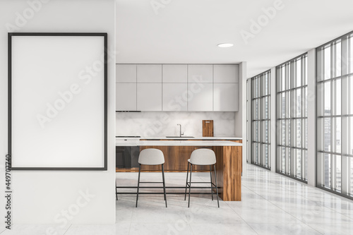 Bright kitchen room interior with white empty poster