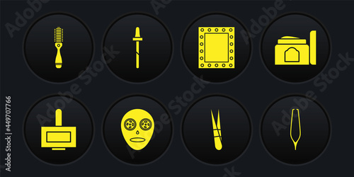 Set Nail polish bottle, Cream cosmetic tube, Facial mask, Eyebrow tweezers, Makeup mirror with lights, Pipette, and Hairbrush icon. Vector