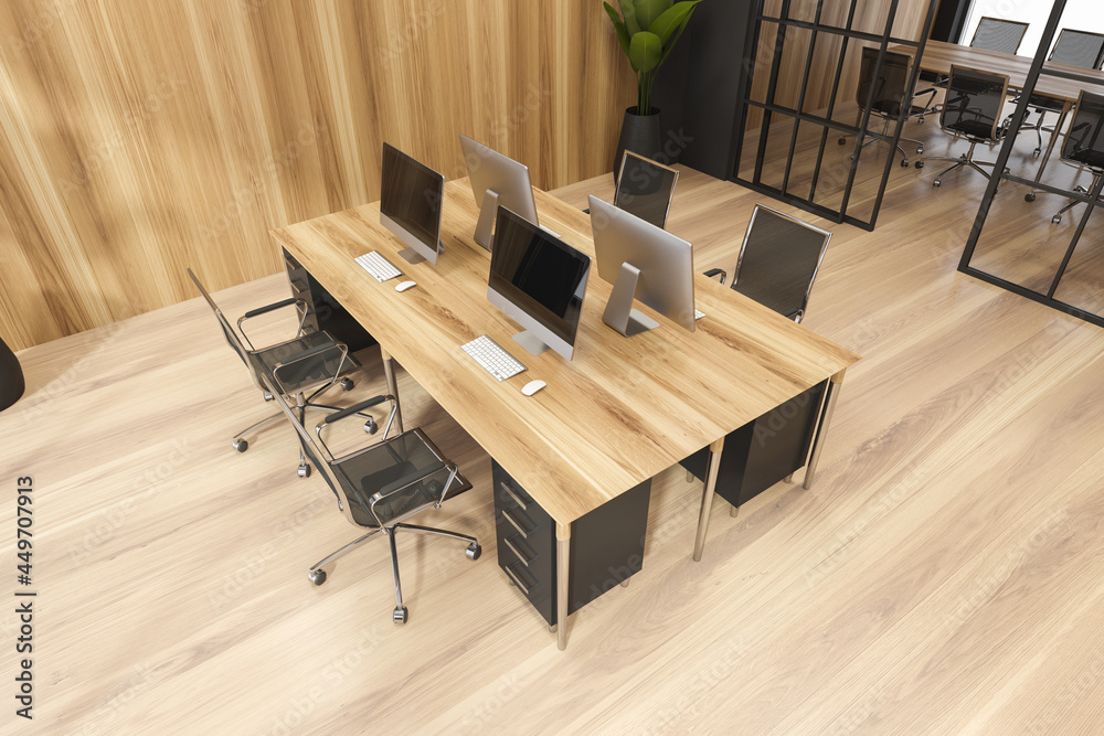 Wooden workplace with four person office desk in the center. Top view. Wooden workplace with four person office desk in the center. Top view.