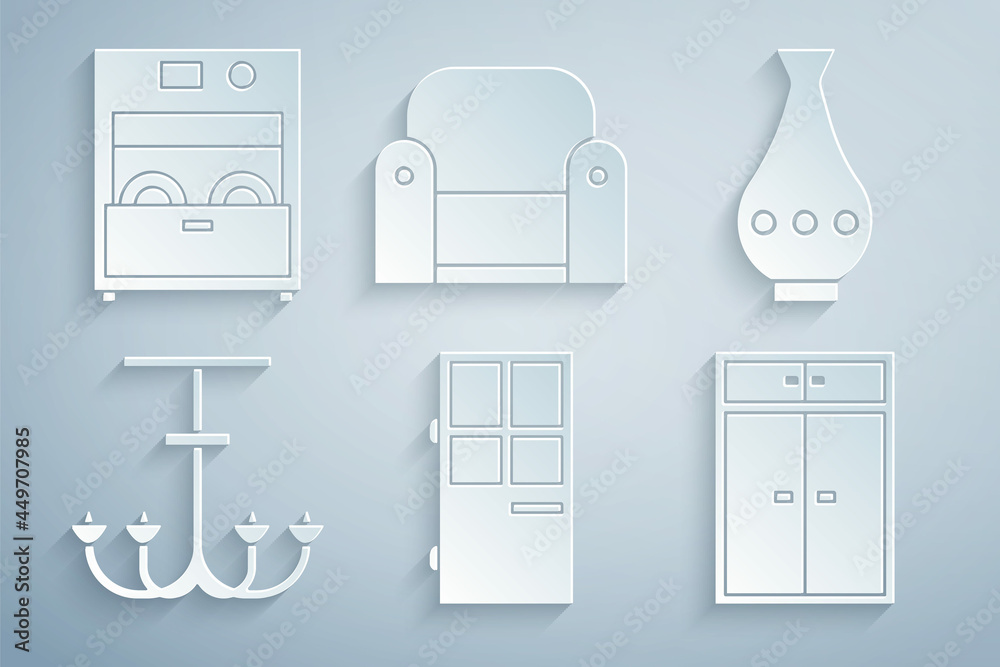 Set Closed door, Vase, Chandelier, Wardrobe, Armchair and Kitchen dishwasher machine icon. Vector Set Closed door, Vase, Chandelier, Wardrobe, Armchair and Kitchen dishwasher machine icon. Vector