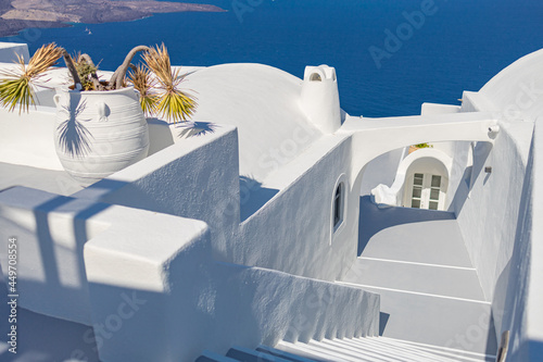 White architecture on Santorini island, Greece. Beautiful summer landscape, sea view. Amazing panoramic landscape, luxury travel vacation. Oia town on Santorini island, Greece