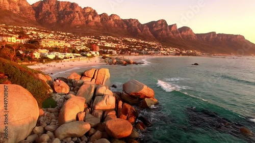 Aerial: Camps Bay at sunset, Cape Town, South Africa