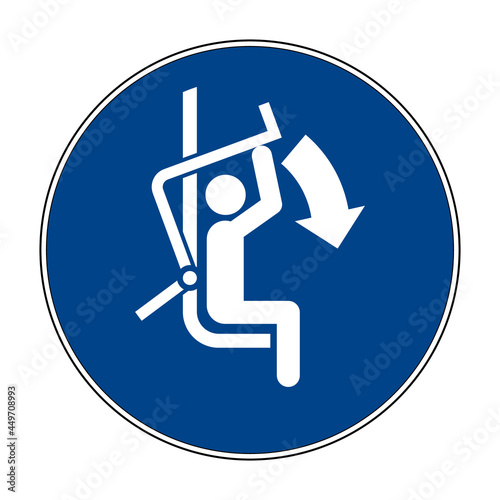 Close safety bar of chairlift sign. Vector illustration of circular blue mandatory sign with man closing safety bar. Elevated passenger ropeway symbol. ISO 7010 - M033.