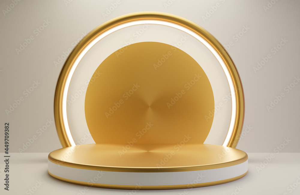 White and Gold podium for product presentation on white wall background luxury style.,3d model and illustration. White and Gold podium for product presentation on white wall background luxury style.,3d model and illustration.
