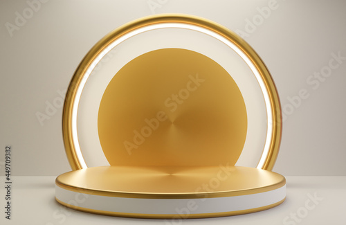 White and Gold podium for product presentation on white wall background luxury style.,3d model and illustration.