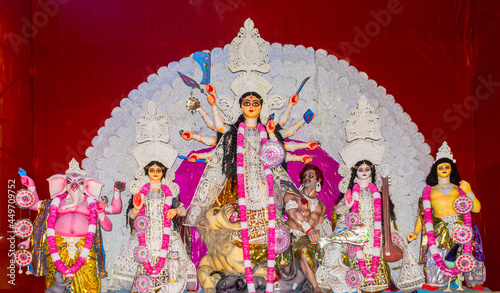 Idols of Hindu Goddess Maa Durga with her childrens during the Durga Puja festival.