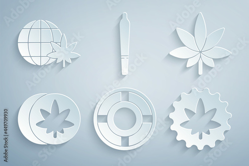 Set Ashtray, Marijuana or cannabis leaf, Herbal ecstasy tablets, joint and Legalize marijuana globe icon. Vector