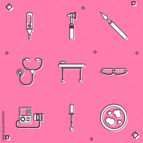 Set Medical digital thermometer, otoscope tool, surgery scalpel, Stethoscope, Stretcher, Safety goggle glasses, Blood pressure and Pipette icon. Vector