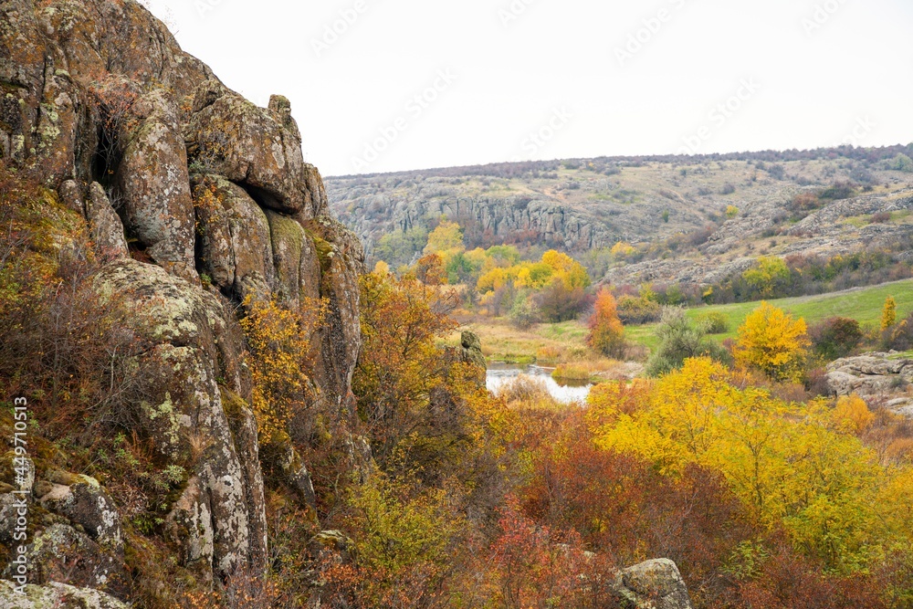 Aktovsky Canyon in Ukraine surrounded large stone boulders