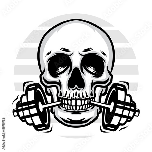 Skull with barbell in mouth