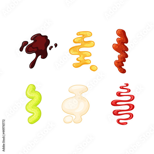 Sauces spots set on a white isolated background. Soy, mayonnaise, ketchup, mustard splashes vector illustration