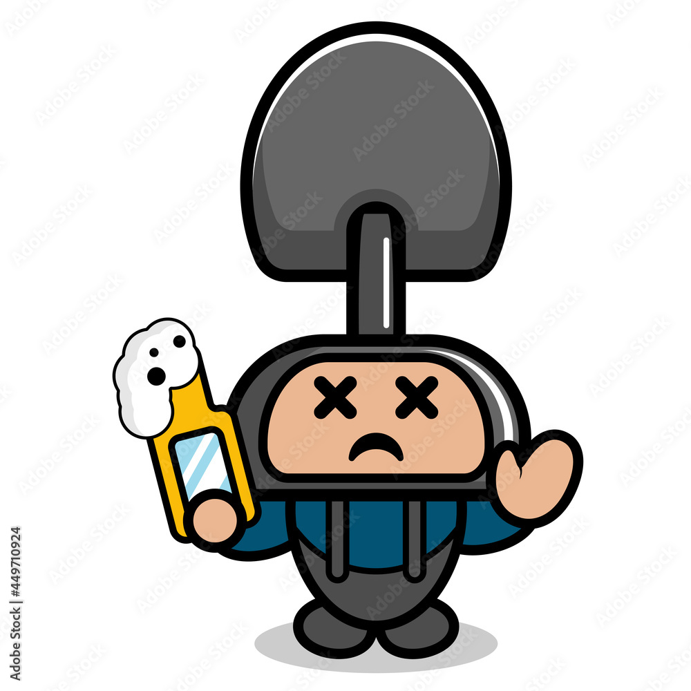 Vector cartoon character doodle cute farmer shovel costume mascot holding beer bottle Vector cartoon character doodle cute farmer shovel costume mascot holding beer bottle
