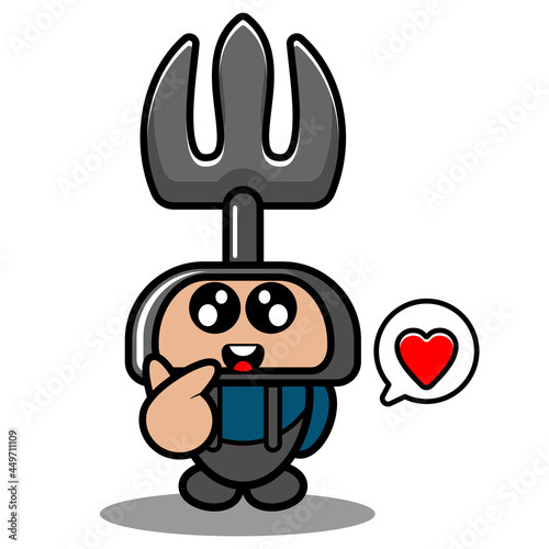 cartoon character doodle character cute farmer's fork mascot costume with love chat bubble
