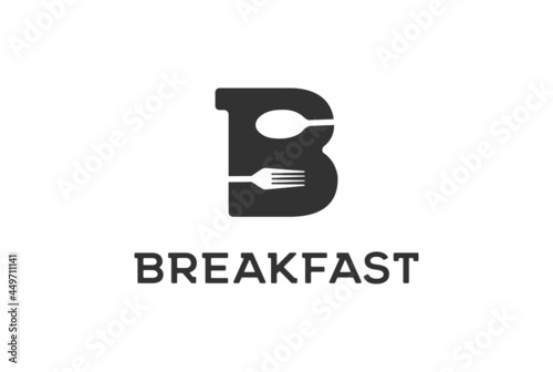 Initial Letter B with Spoon and Fork for Breakfast Restaurant Logo Design Vector