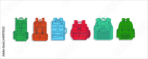Education and study backpack in row for students and traveling icon. Rucksack or schoolbag with pockets and zipper element. Set tourism bag. Flat line art illustration isolated on white background