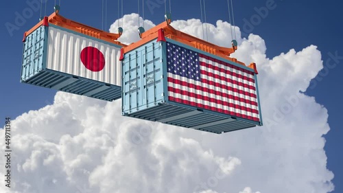 Freight Containers with Japan and USA national flags. 3D Rendering