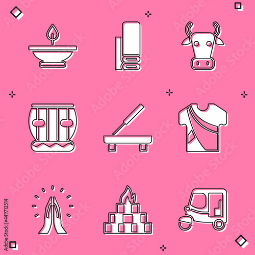 Set Aroma lamp, Indian textile fabric, Cow, Instrument tabla, Scented spa stick, man dress, Hands in praying position and Yagna icon. Vector