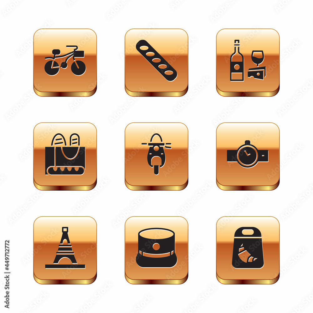 Set Bicycle, Eiffel tower, Kepi, Scooter, French baguette bread, Wine bottle with cheese, Croissant package and icon. Vector Set Bicycle, Eiffel tower, Kepi, Scooter, French baguette bread, Wine bottle with cheese, Croissant package and icon. Vector