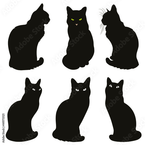 Set of black vector silhouette of cats. Icon of cat isolated on white background.