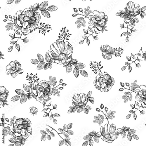 Floral seamless pattern. Textile design. Rose hip vector illustration.