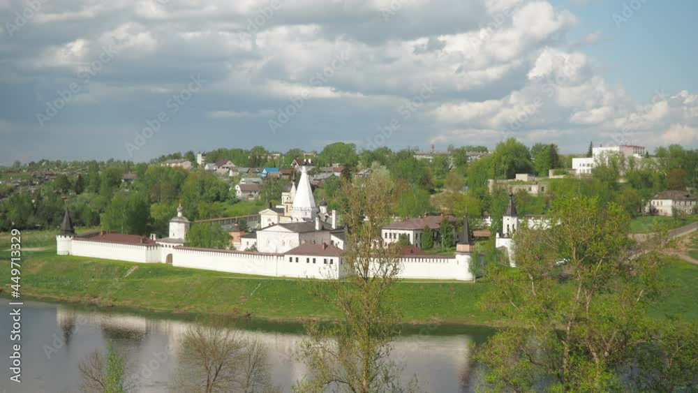 Tver region the city of Staritsa. Monastery on the Volga River top view ...