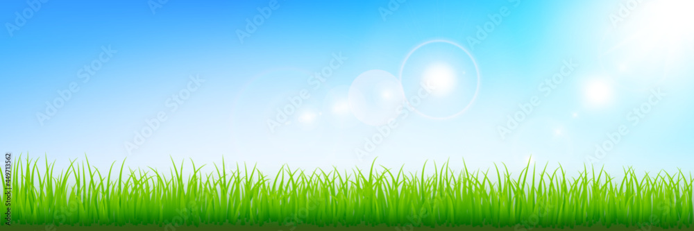 Obraz premium Illustrated background with grass border and sunlight against blue sky. Illustrate sky scene. 