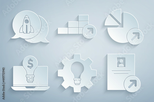 Set Light bulb and gear, Financial growth, with dollar on laptop, Job promotion, and Startup project concept icon. Vector