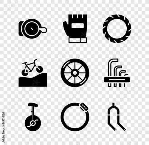 Set Bicycle bell, Gloves, wheel tire, Unicycle or one bicycle, brake disc, fork, Mountain and icon. Vector