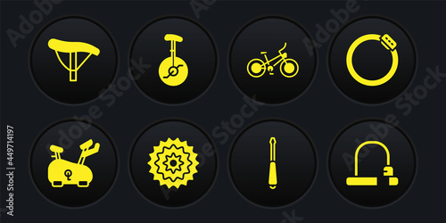 Set Stationary bicycle, Bicycle brake disc, cassette, Screwdriver, Unicycle or one wheel, lock and seat icon. Vector