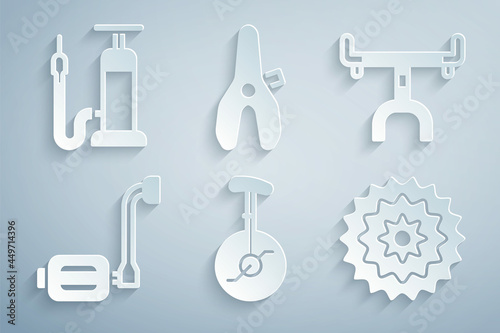 Set Unicycle or one wheel bicycle, Bicycle handlebar, pedal, cassette, seat and air pump icon. Vector