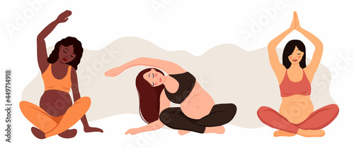 Three Pregnant women different ethnicity. Pregrant yoga and meditation concept, vector illustration